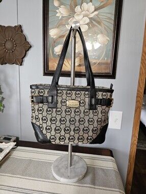 Michael Kors Beige and Black MK Logo Tote with Leather Trim CLASSIC.